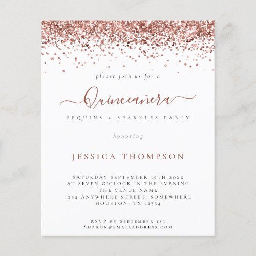 PAPER  Girly Rose Gold Glitter Quinceaera Invite