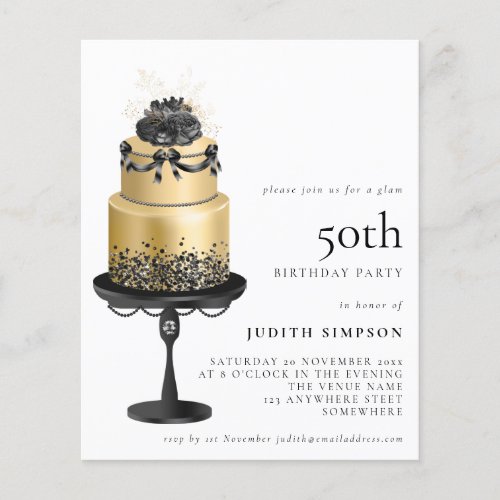PAPER Glam Cake Florals Gold Black 50th Invite
