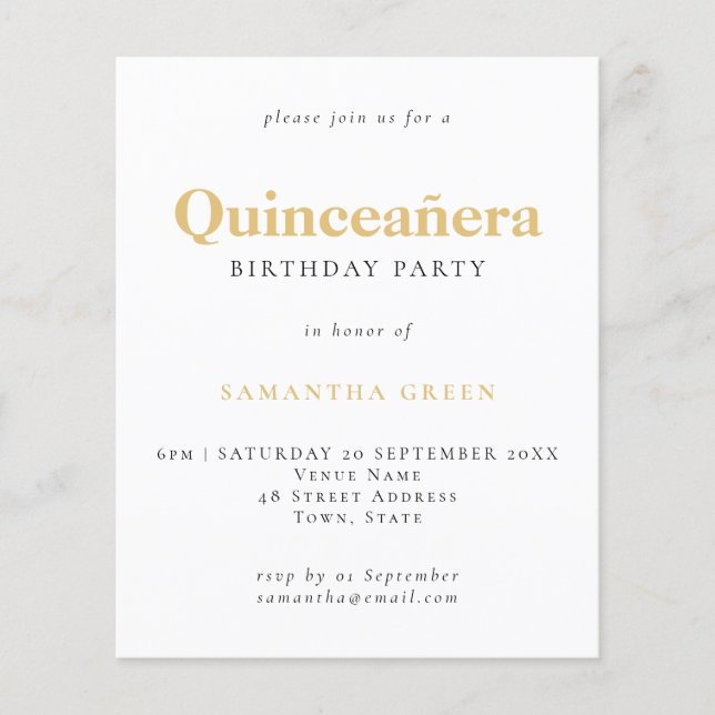 PAPER Gold Black Text Quinceañera Birthday Invite (Front)