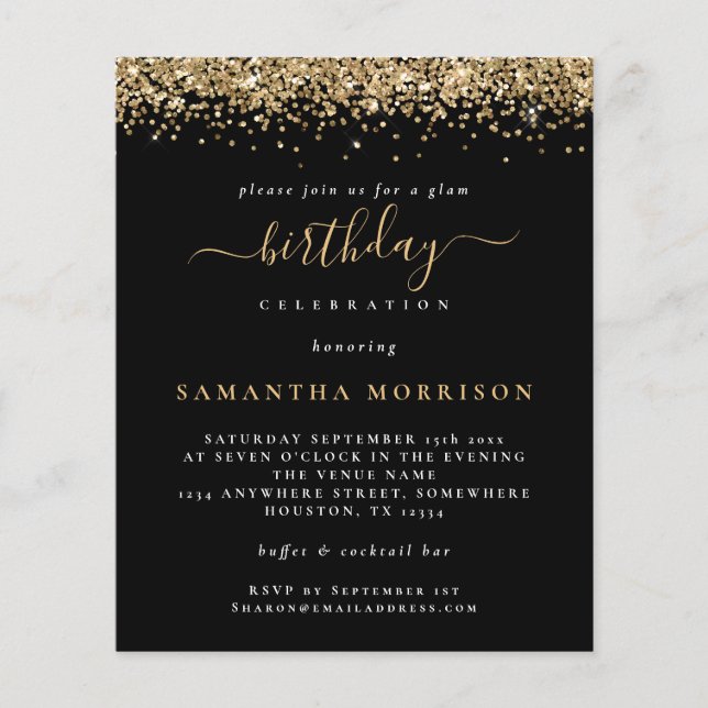 PAPER | Gold Glitter Any Age Birthday Black Invite (Front)