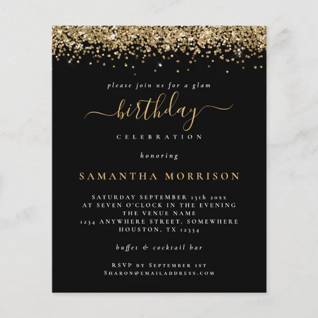 PAPER | Gold Glitter Any Age Birthday Black Invite | Zazzle