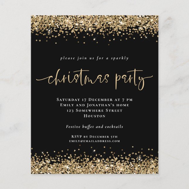 PAPER | Gold Glitter Black Christmas Party Invite (Front)