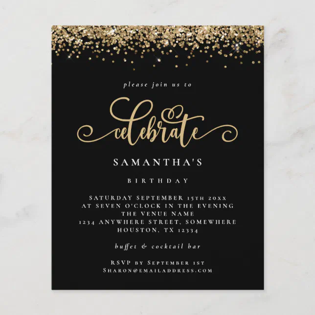 PAPER Gold Glitter Celebrate Birthday Black Invite | Zazzle