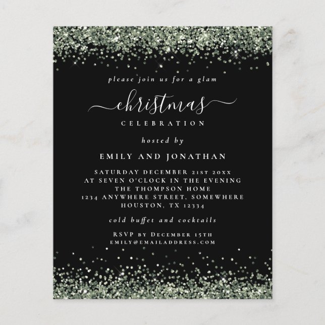 PAPER | Green Glitter Christmas Party Black invite (Front)