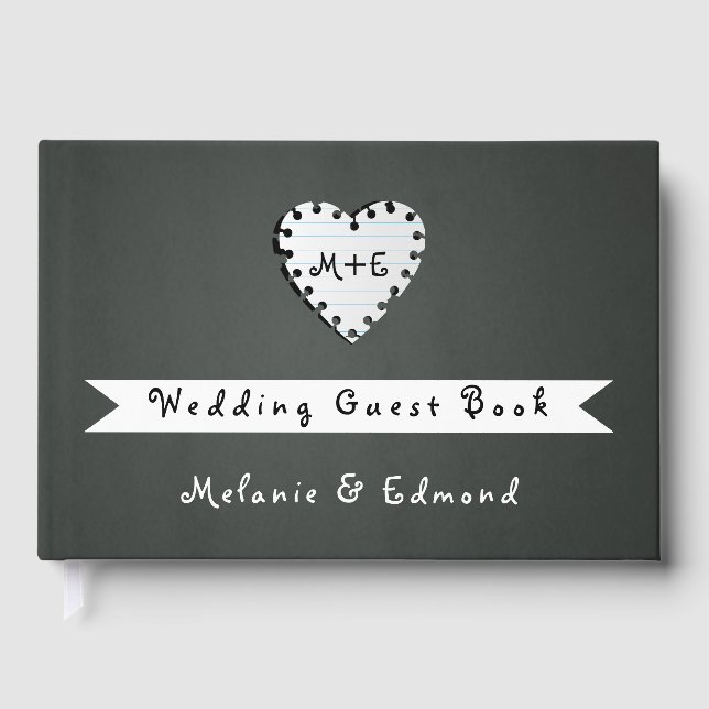 Paper heart chalkboard monogram wedding guest book (Front)