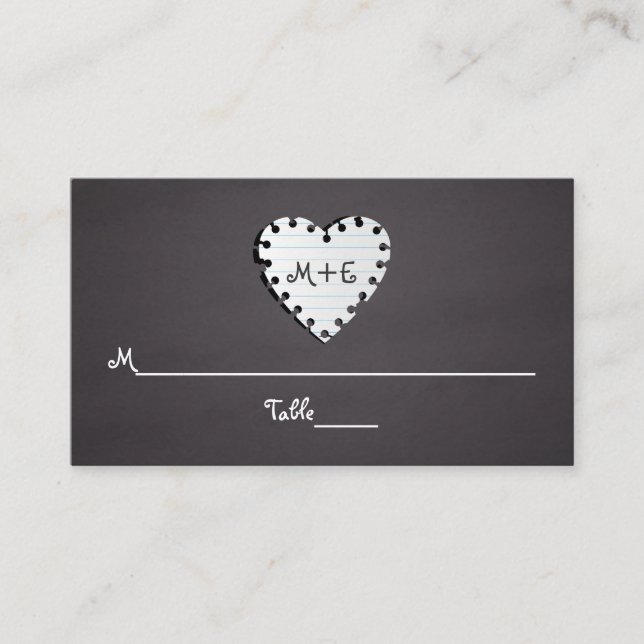 Paper heart chalkboard monogram wedding place card (Front)