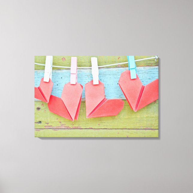 Paper Heart Hanging On The Clothesline Canvas Print (Front)