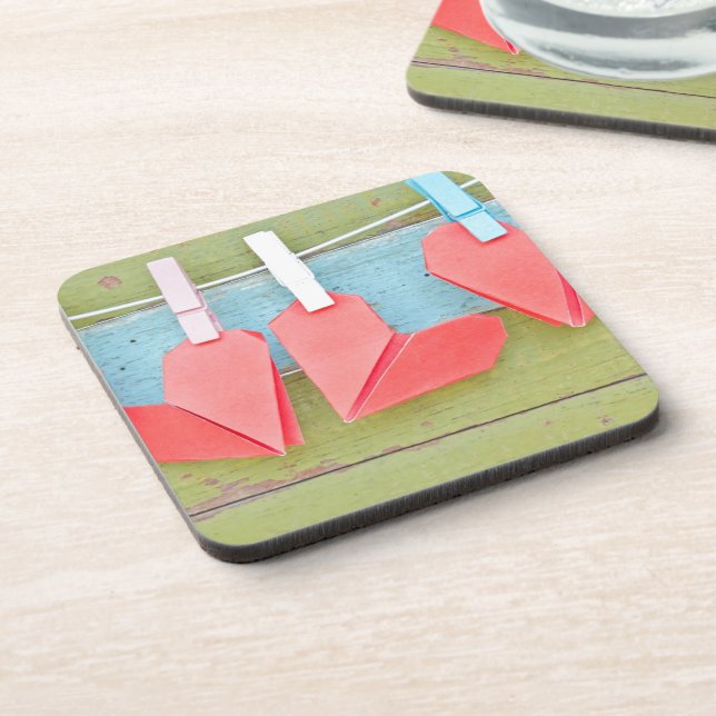 Paper Heart Hanging On The Clothesline Drink Coaster (Left Side)