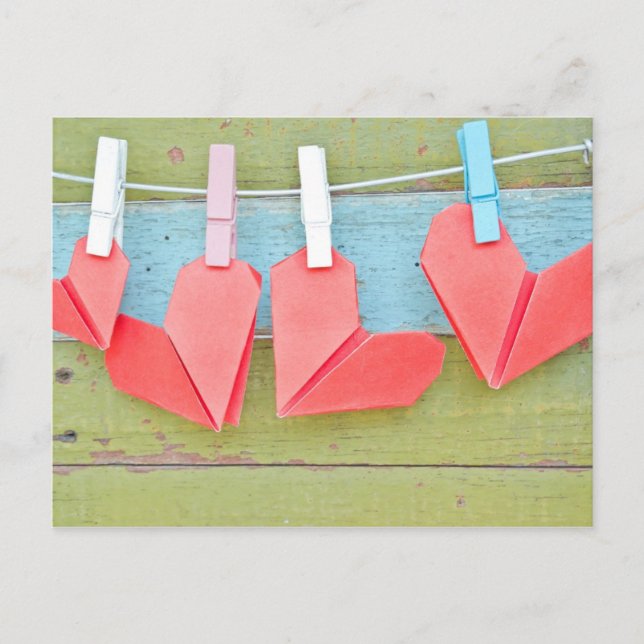 Paper Heart Hanging On The Clothesline Postcard (Front)