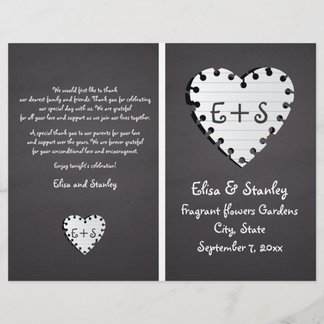Paper heart on chalkboard folded wedding program (Front)