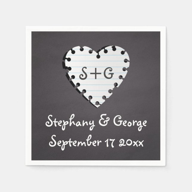 Paper heart on chalkboard with monogram wedding napkins (Front)