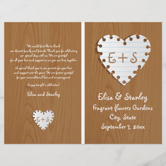 Paper heart on wood folded wedding program (Front)