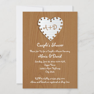 Paper heart on wood wedding couples shower invitation