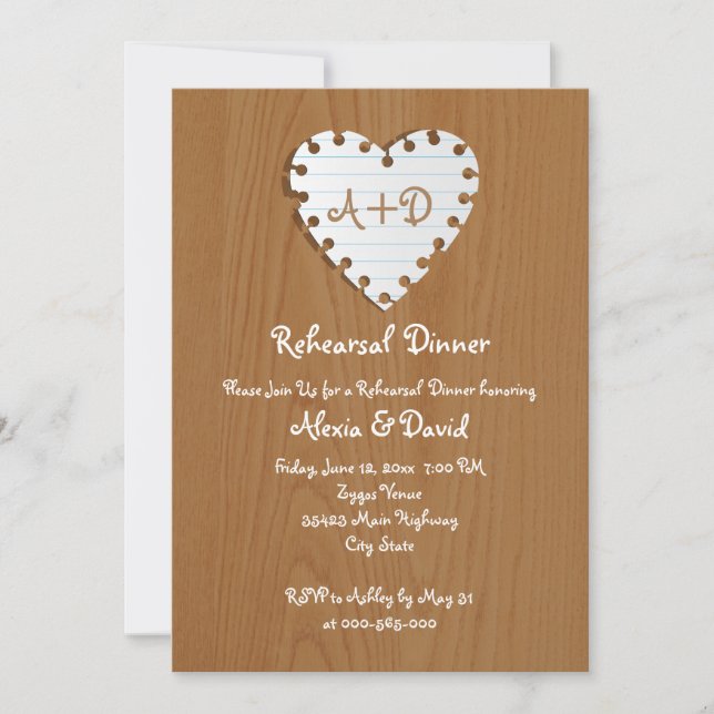 Paper heart on wood wedding rehearsal dinner invitation (Front)