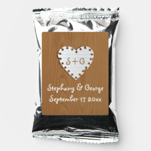 Paper heart on wood with monogram wedding coffee drink mix