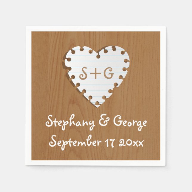 Paper heart on wood with monogram wedding paper napkins (Front)