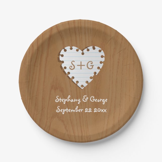 Paper heart on wood with monogram wedding plates (Front)