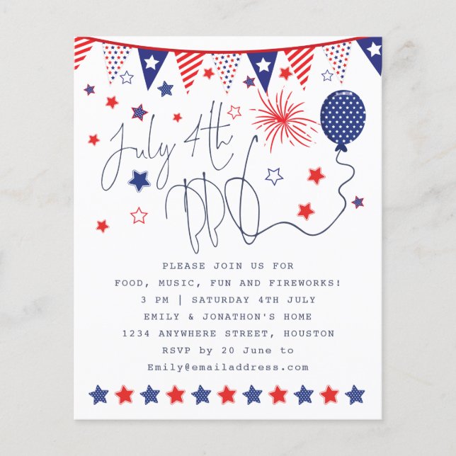 PAPER July 4th Red White Blue Stars Script Invite (Front)