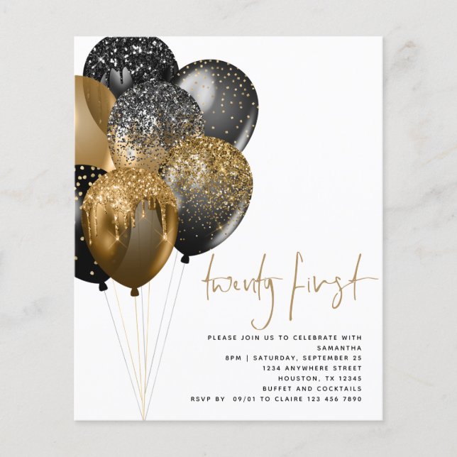 PAPER l Gold Black Balloons 21st Party Invitation  (Front)