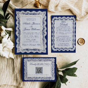 Paper Lace Royale Blue Old Money Doily Wedding  Invitation