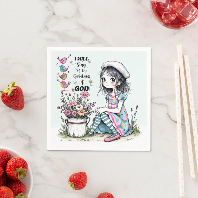 Paper Napkin Cute Whimsy Girl with Colorful Birds  (Insitu)