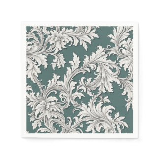 Paper Napkin Damask Design Aqua Black & White 