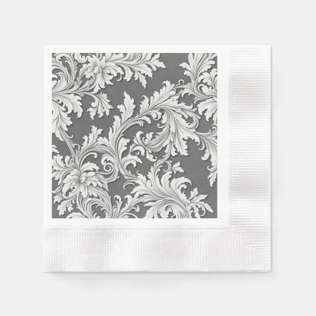 Paper Napkin Damask Design Gray Black & White (Front)