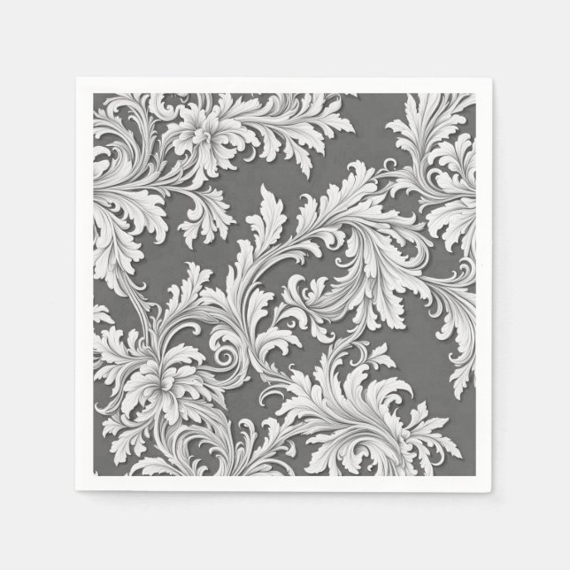 Paper Napkin Damask Design Gray Black & White (Front)