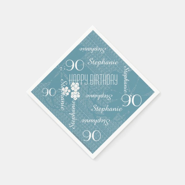 Paper Napkins, 90th Birthday Party, Blue Floral Napkins (Corner)