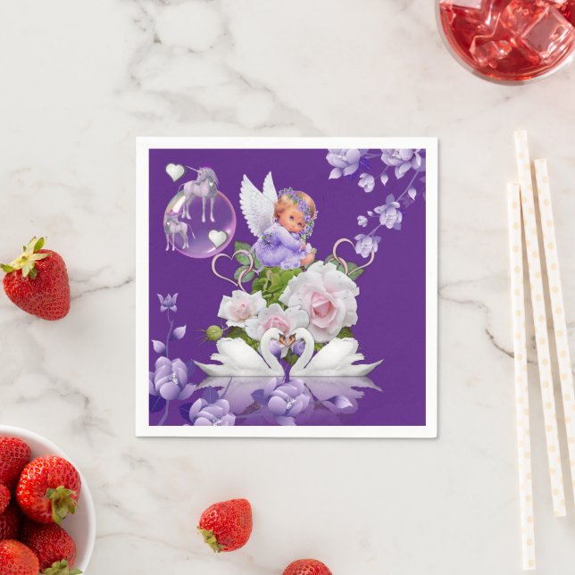 Paper Napkins, Baby Angel Purple Floral Unicorn Napkins (Insitu)