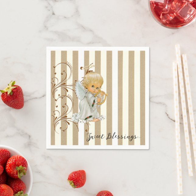 Paper Napkins, Beige & White Stripe Angel Blessing Napkins (Insitu)