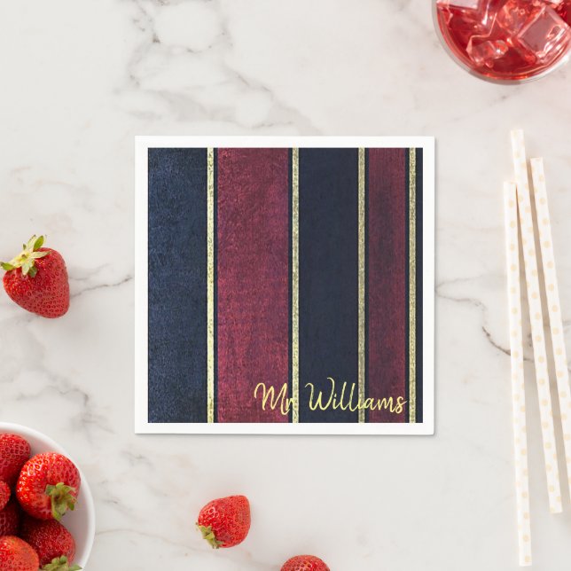 Paper Napkins, Black Burgundy Gold Stripe Napkins (Insitu)