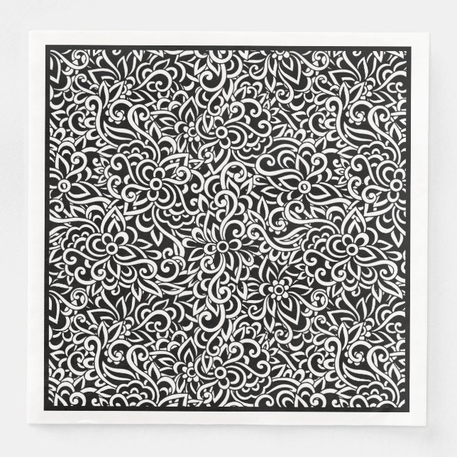 Paper Napkins-Black Damask Floral Paper Dinner Napkins (Front)