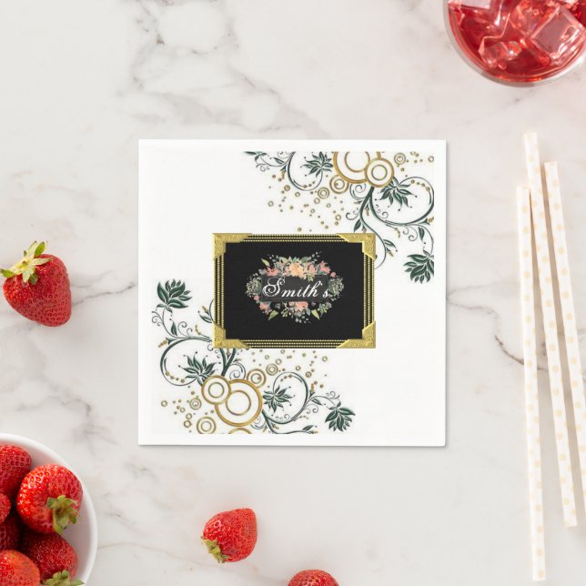 Paper Napkins, Black Floral Flowers Monogram Napkins (Insitu)