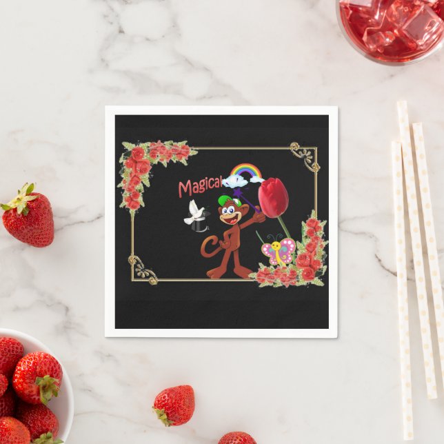 Paper Napkins, Black Floral Monkey Rainbow Napkins (Insitu)
