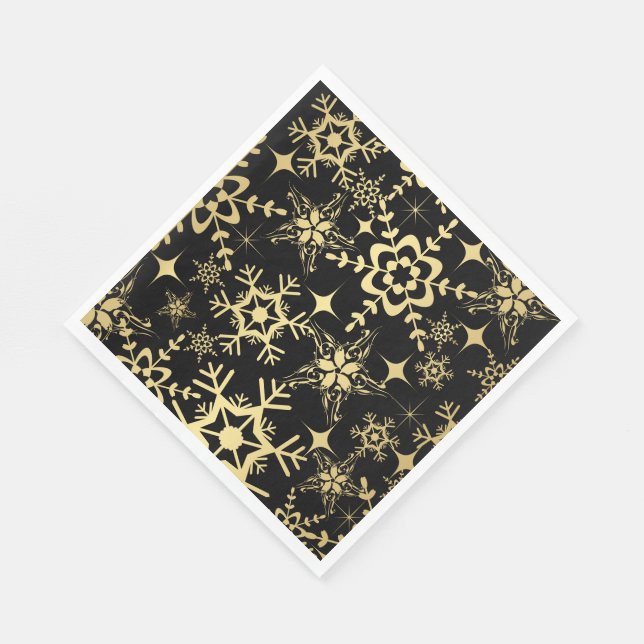 Paper Napkins-Black & Gold Snowflakes Napkins (Corner)