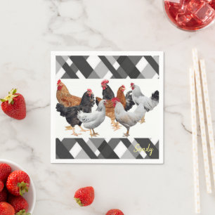 Paper Napkins, Black White Plaid Chickens Napkins