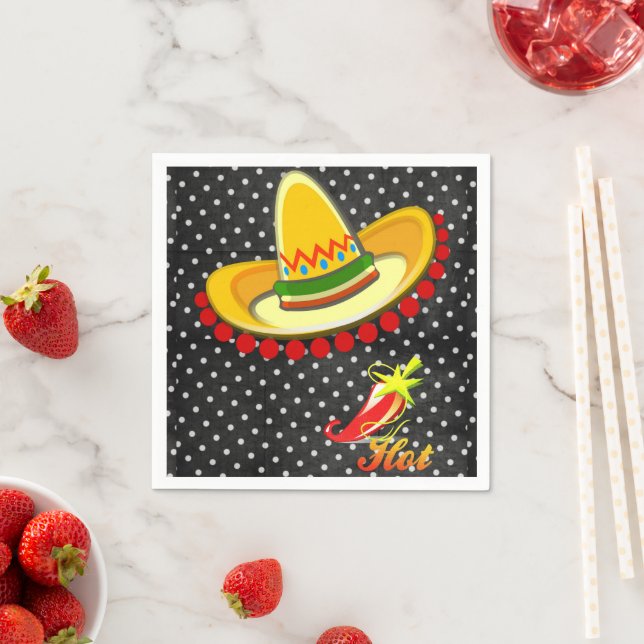 Paper Napkins, Black White Polk a dot Sombrero Hot Napkins (Insitu)