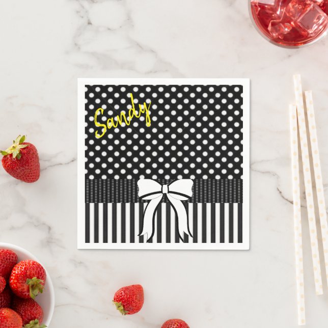 Paper Napkins, Black White Polkadot Stripe Bow Napkins (Insitu)