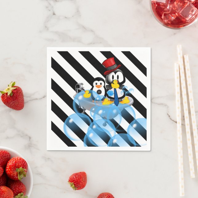 Paper Napkins, Black & White Stripes Penguin Napkins (Insitu)
