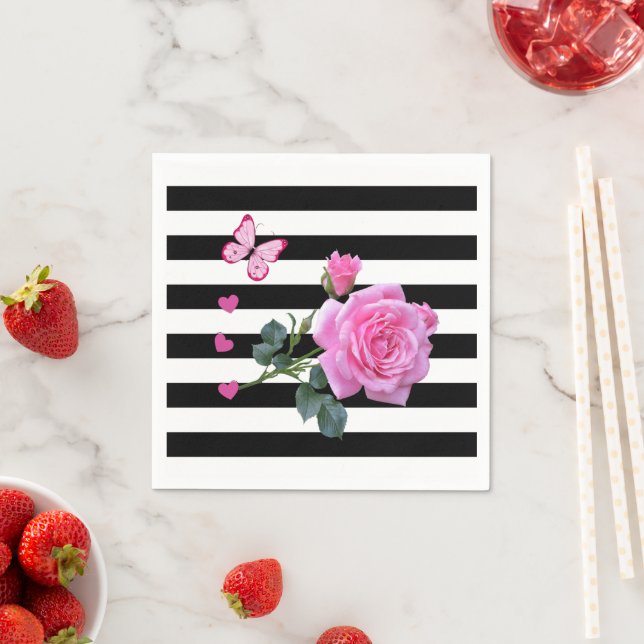 Paper Napkins, Black & White Stripes Pink Rose Napkins (Insitu)