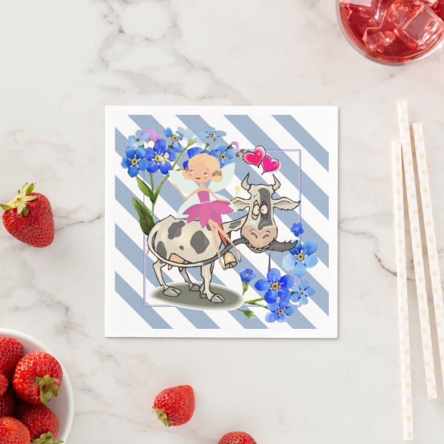 Paper Napkins, Blue & White Stripe Floral Cow Napkins (Insitu)