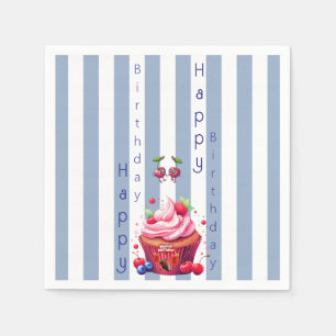 Paper Napkins Blue & White Stripe Happy Birthday