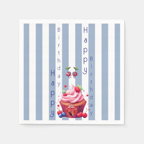 Paper Napkins Blue & White Stripe Happy Birthday