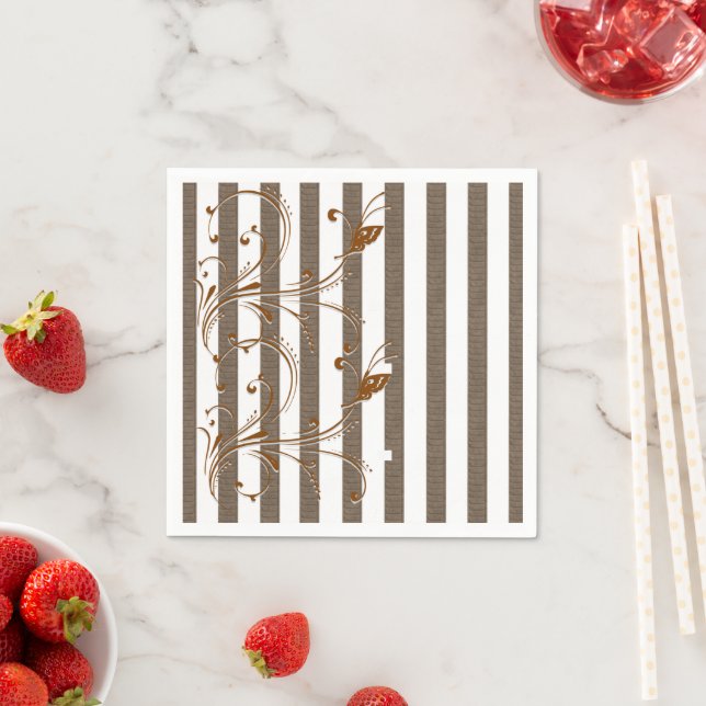 Paper Napkins, Brown & White Stripe Floral Napkins (Insitu)