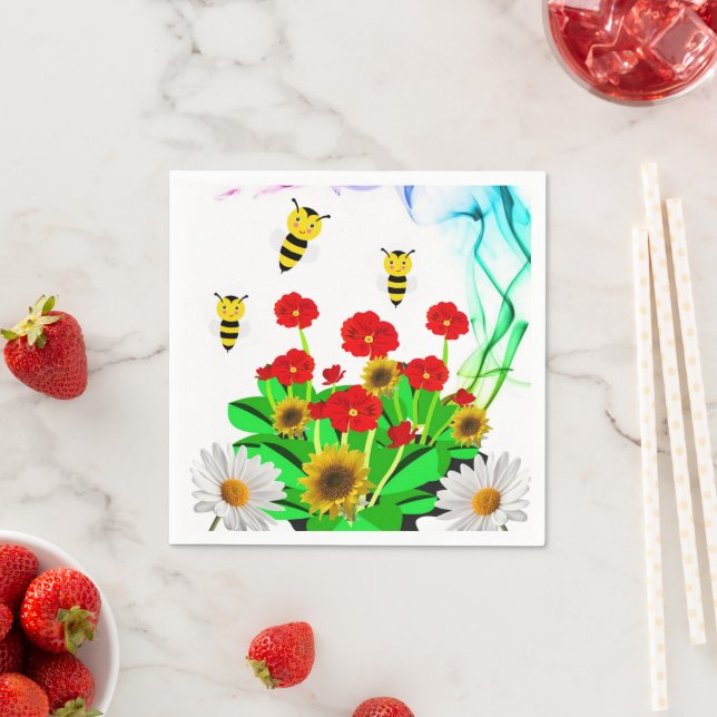 Paper Napkins, Bumblebee Floral Sunflower Napkins (Insitu)