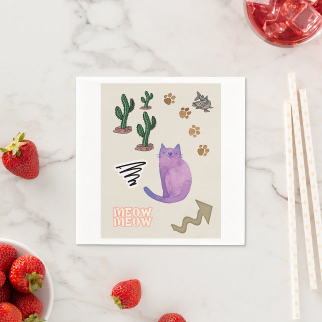 Paper Napkins, Cat Fish Cactus Paws Meow Napkins (Insitu)