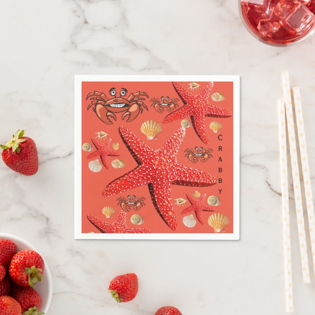 Paper Napkins, Crab, Starfish Orange Napkins (Insitu)