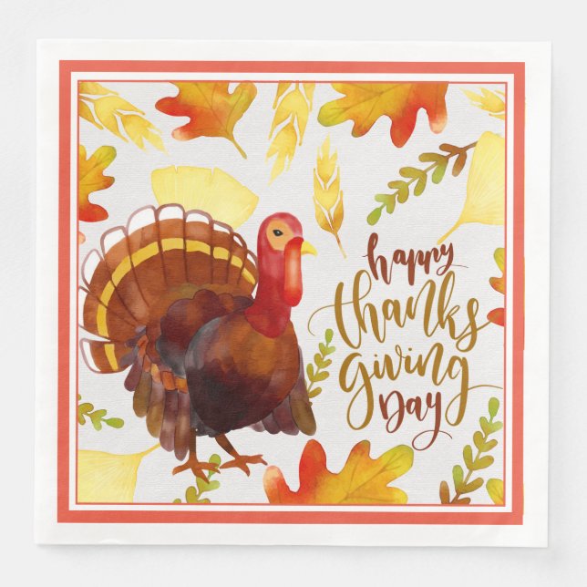 Paper Napkins-Dinner-Happy Thanksgiving Turkey Dinner Napkins (Front)