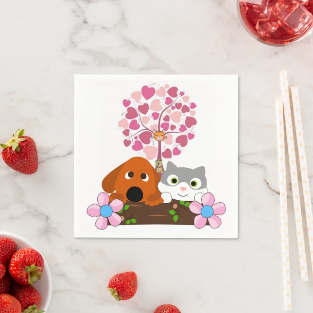 Paper Napkins, Dog Cats Hearts Floral Napkins (Insitu)